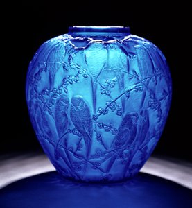 Electric Blue Vase with Parakeets